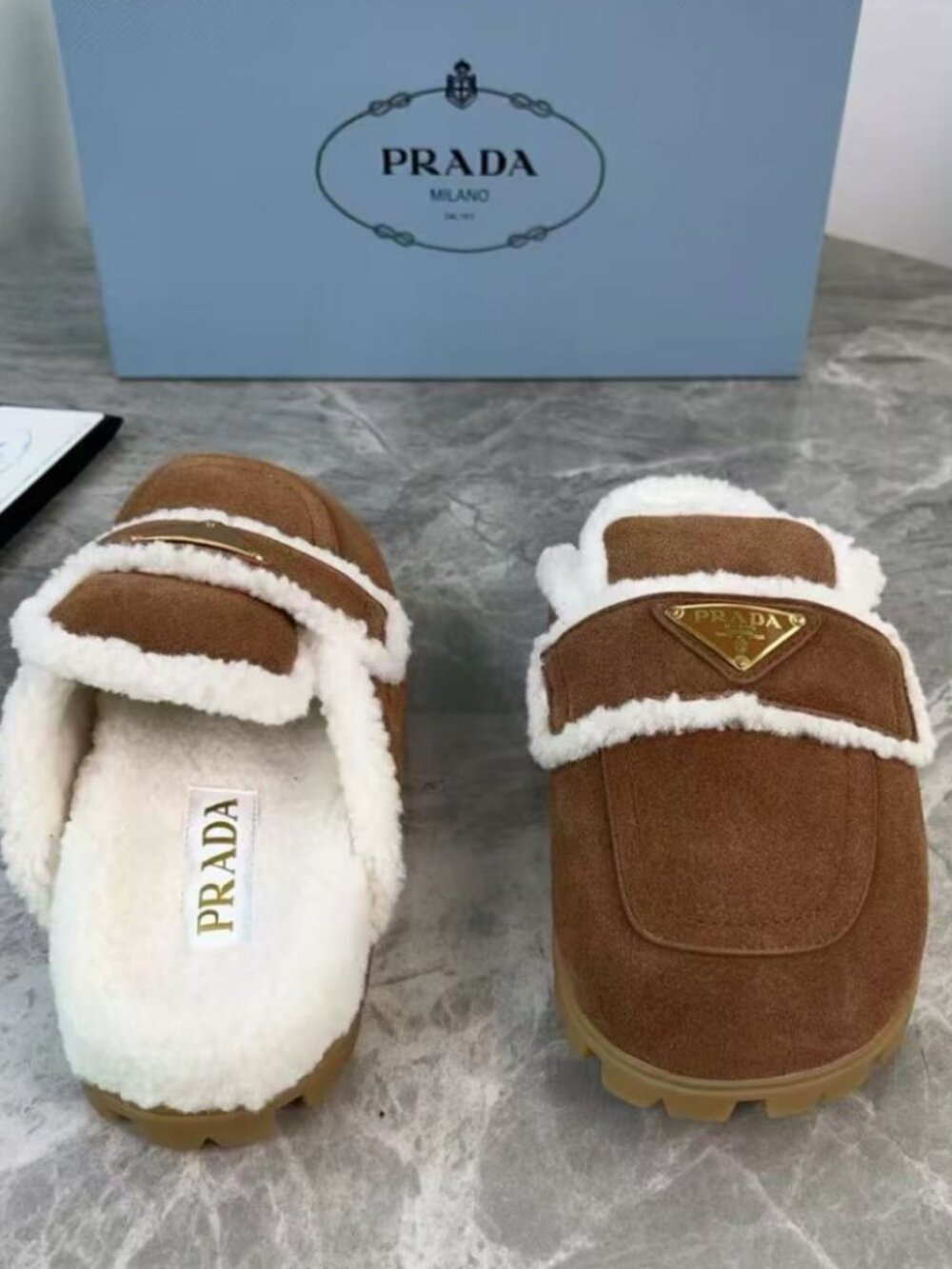 Fashion Prada Triangle Plate Warm Winter Mule Slides - Picture 6 of 8